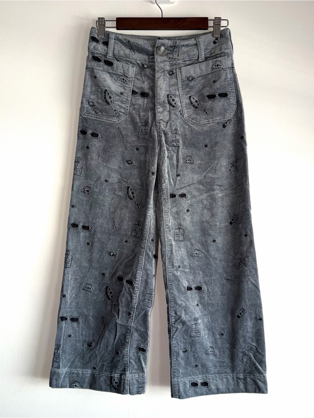 Maeve Anthropologie The Colette Corduroy Pants Gray Embroidered Wide Leg 27 Crop